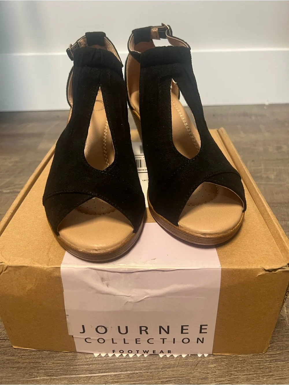 Journee Collection Black Open-Toe T-Strap Wedge Sandals
